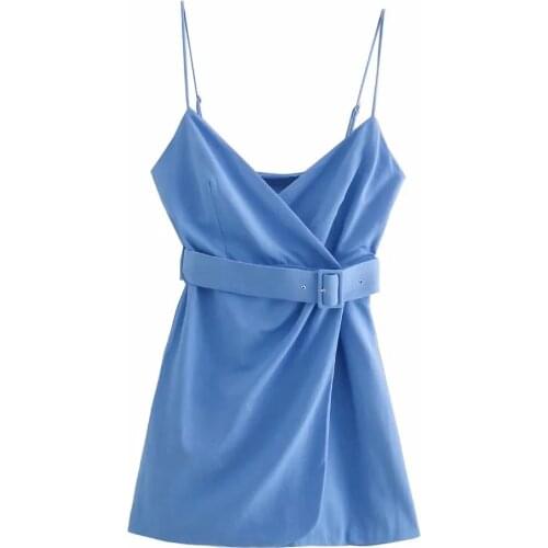 Za New Summer Woman Party Night Dress Fashion Blue Slim Mini Dress Sexy Off Shoulder Sling Dresses With Belt