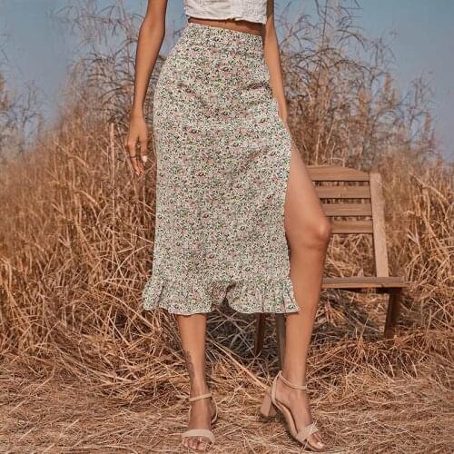 Floral Print Side Split Womens Long Skirts Summer Ruffles High Waist Female Skirt 2021 Fashion New Ladies A-line Sweet Bottoms