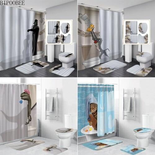 Funny Shower Curtain Cute Cat Monkey Animal Printing Bath Mats Rugs Toilet Lid Cover Non-Slip Carpet Bathroom Curtains Set