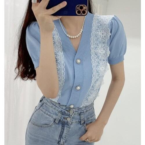 2021 Summer Temperament Women T-Shirt Gentle V-Neck Lace Crochet Stitching Pearl Buckle Slimming Puff Sleeve Cardigan