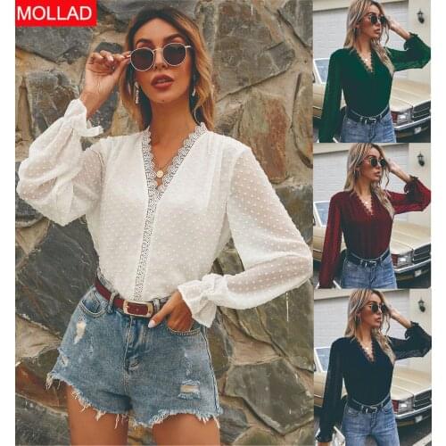2021 Autumn New Patchwork Lace V-neck Long Sleeve Polka Dot Chiffon Shirt Top for Women