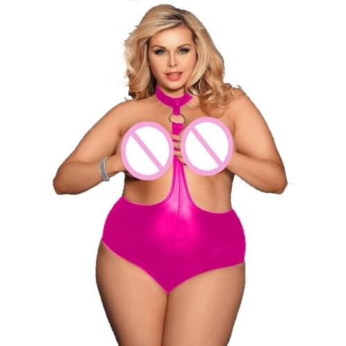 Plus Size Exotic Halter Bodysuit Novelty Party Costume Shiny Open Bust Leotard Sexy Women Lingerie Stripper One Piece Clubwear
