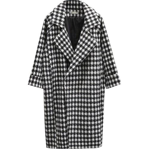 2019 Winter Wool Coat Women Jacket Houndstooth Plaid Pockets Woolen Blends Long Coats Casual Lady Slim Long Sleeve Outerwear