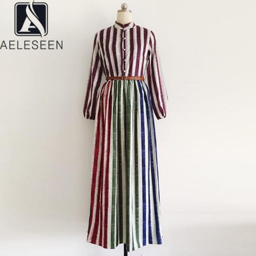 AELESEEN Runway Fashion Maxi Dress Women 2021 Spring Autumn Long Sleeve Striped Print Belt Oversized Party Dress