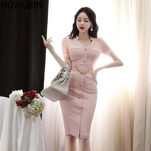2021 Korean Summer New Womens Unique Metal Chain V-Neck Coarse Cloth Straight Breasted Temperament Slim Fashion Dress