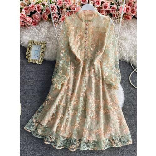 Runway Luxury Mesh Lace Embroidered Dress 2021 Summer Women Long Sleeve Flower Embroidery Ruffles Office Party Midi Dress