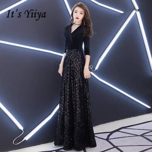 Black Evening Dresses Its Yiiya R265 Half Sleeve V-neck Long Robe De Soiree Velvet Top Women Party Dress Zipper Formal Gowns
