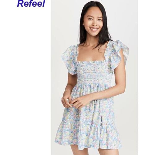 Summer Dress Sweet Women Vintage Prairie Chic Floral Print Dress Sexy Square Neck Butterfly Sleeve Holiday Short Vestido