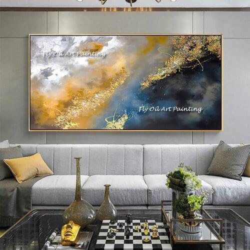 100% Handmade Abstract Gold Foil Leaves Painting Picture Wall Modern Style Canvas Golden Painting Art Living Room Unique Decor