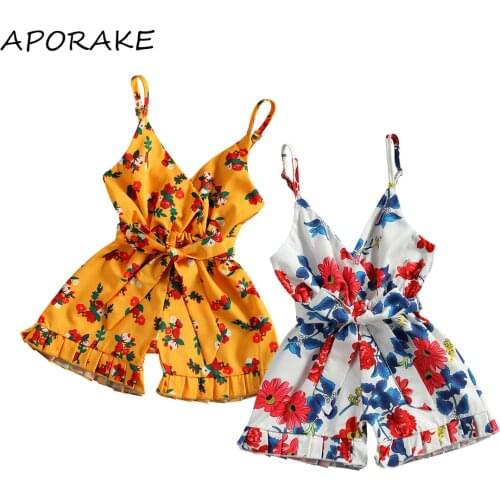 2021 0-24M Summer Infant Baby Girl Jumpsuit Sleeveless V Neck Floral Print Tunic Romper With Belt One Piece