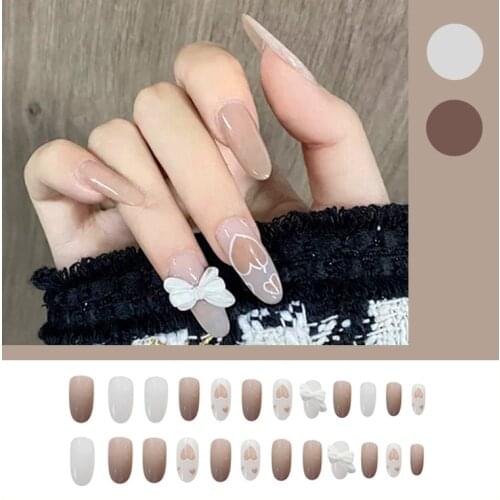 24Pcs/Set Nude Fake Nails Long Coffin Removable Nail Sliders 3D Bow Heart Design ​Accessories Nails Supplies For Professionals