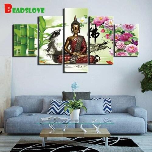 5 Panel buddha zen bamboo flowers,Diamond Embroidery Square Round Drill Mosaic Set Diamond Painting Sale 5d Art New Year Gift