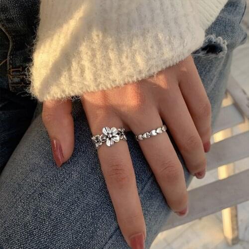 AKAFASHION Ins Small Fresh Flower Daisy Index Finger Ring Korea Hipster Fashionable Personality Simple Retro Flower Opening Ring