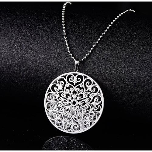 Silvery Gold Round Pendant Long Necklace Sweater Chain Fashion Jewelry Geometric Flower Hollow Necklace For Women Gift 2021 New