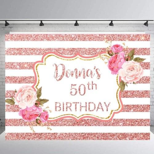 BEIPOTO Women ladys 50th 40th adult birthday party backdrop Pink gold Glitter stripes flower decoration photo background B-432