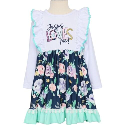 Girlymax Fall Girls Long Sleeve Floral Print Jesus Loves Me Dress