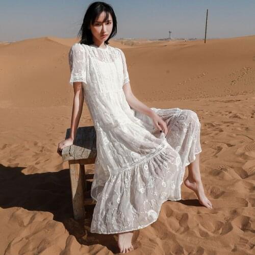 Jastie 2021 Bohemian Style Summer Beach Dress Women Seaside Holiday Embroidery White Stitching Lace Dresses Female Vestidos