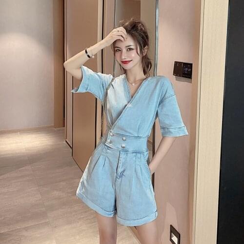 Sexy women v neck denim jumpsuit short sleeve summer 2020 new shorts rompers retro square collar playsuits with pockets
