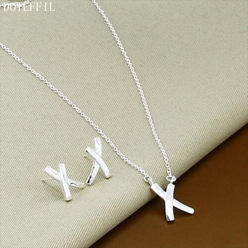 DOTEFFIL 925 Sterling Silver 18 inch Chain Cross X Necklace Earring Set For Woman Wedding Engagement Party Fashion Charm Jewelry