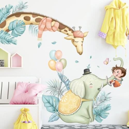 BRUP Cute Elephant Giraffe Boy Wall Stickers for Kids Room Baby Room Decoration Home Decor Decorative Stickers PVC Murals Decals