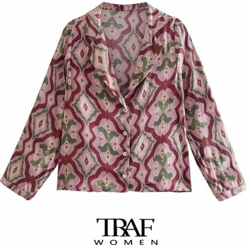 TRAF Za Women Fashion Printed Cozy Blouses Vintage Long Sleeve Button-up Female Shirts Chic Tops