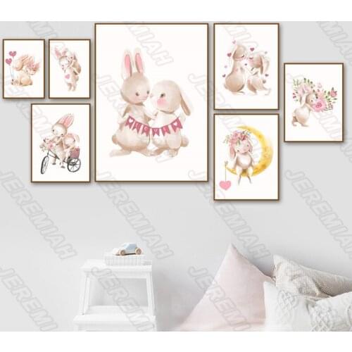 Little White Rabbit Flower Moon Animal Poster Nordic Style Wall Art Canvas Print Art Painting Modern Children Bedroom Decoration