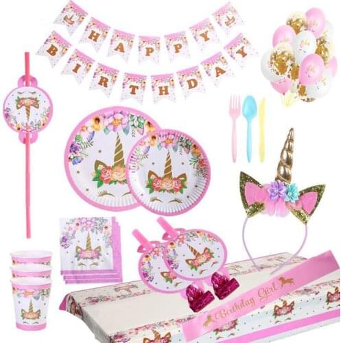 Unicorn Party Supplies Pink Birthday Dinnerware Banner Decorations Cake Topper Headband Tableware Set Sash for Girl Baby Shower