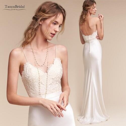 Simple Satin Wedding Dress Long V Neck Backless Lace Bridal Dresses Bohemian Elegant Vestidos De Noiva Bride Gown SWD034