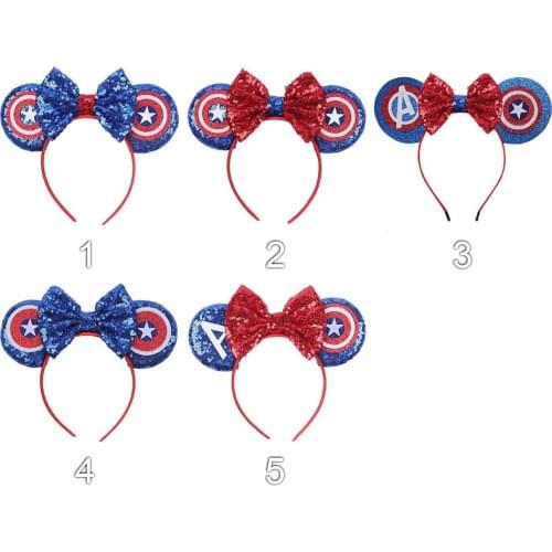 Disney 3.3" Sequins Hair Bows Mouse Ear Headbands For Women America Shield Star Ears DIY Girls Hair Accessories Hairband