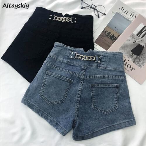 Shorts Women High Waist Denim Summer Korean Style Vintage Chain Design A-line Wide Leg Trousers Streetwear Punk Retros Loose Ins