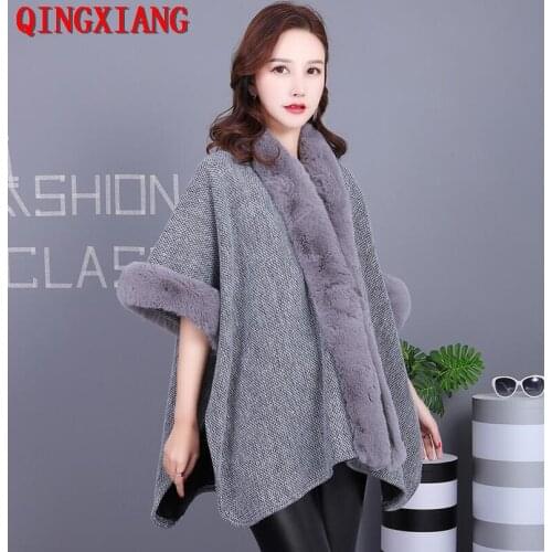 7 Colors 2020 Faux Rex Rabbit Fur Open Stitch Poncho Women Loose Cardigan Winter Warm Thick Outwear Short Sleeves Big Cloak