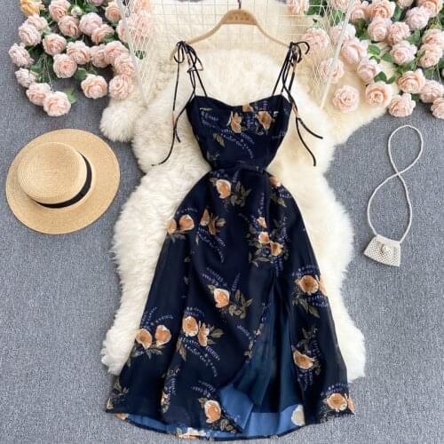 Beach Vacation Vestidos Female Summer New Style Tube Top Elegant Print Slim Chiffon Sling Split Beach Midi Dress DK594