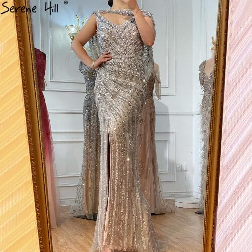 Serene Hill Silver Nude Mermaid Evening Gowns for Women 2020 Dubai Luxury Beading Sparkle Sleeveless Sexy Formal Dress BLA70752