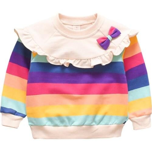 2021 Girls Rainbow Striped Sweatshirts with Bow Baby Kids Ruffle Casual Outwear Childrens Cotton Clothes Blouse for Girls
