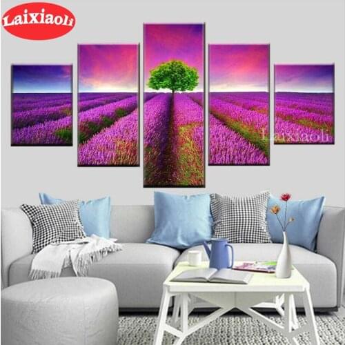 5 PCS Diy 5d diamond painting Purple lavender field landscape diamond embroidery green life tree decoration Home Art painting