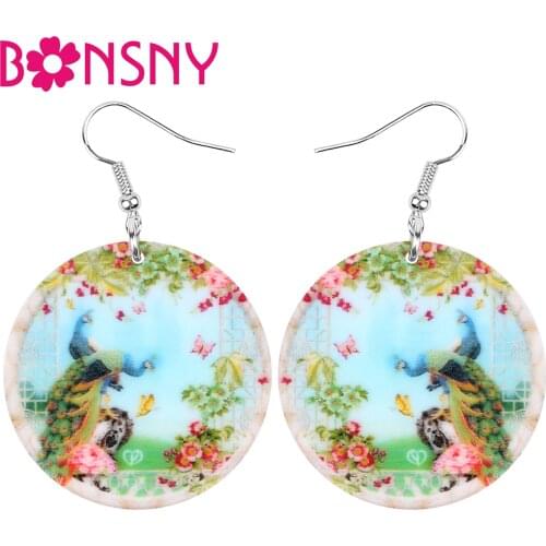 Bonsny Acrylic Round Flower Butterfly Peacock Peafowl Earrings Bird Animal Dangle Drop Jewelry For Women Girls Lady Fashion Gift