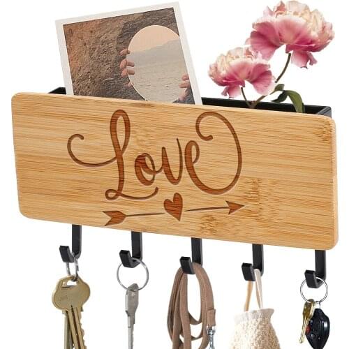 Bamboo Board Key Storage Hooks Personalized Engraved Love Home Apartment Door Wall Decor Keychain Hanger Sundries Racks 5 Hook