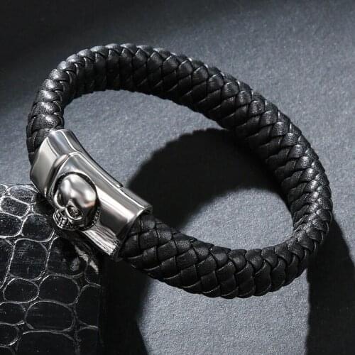 MOZO FASHION Men Bracelet Black Genuine Leather Skeleton Stainless Steel Magnet Buckle Bracelet Man Skull Punk HOT Jewelry 094