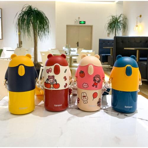 JY Water Bottle Child Baby Keep Warm Learning Drinking Cup Bear With Strap 450ml TB
