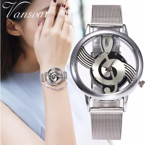 Women Hollow Music Note Notation Watch Fashion Luxury Ladies Silver Mesh Belt Quartz Watches Gift Clock Zegarek Damski