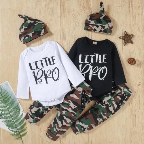 0-3Y Kids Baby Boys Clothes Set Letter Print Long Sleeve Romper and Camouflage Trousers with Hat 3Pcs Autumn Outfits Suit
