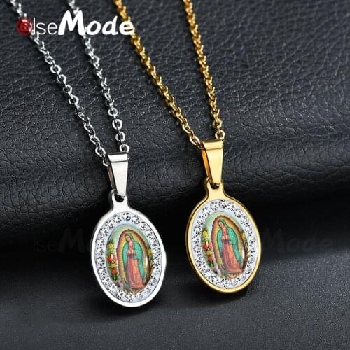 ELSEMODE Cubic Zirconia Virgin Mary Pendants Necklaces for Women Gold Color Stainless Steel Art Picture Catholic Jewelry