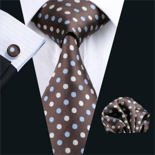 FA-911 Barry.Wang Hot Mens Ties Brown Dot Tie Hanky Cufflink Set Mens Business Gift Ties For Men Free Shipping