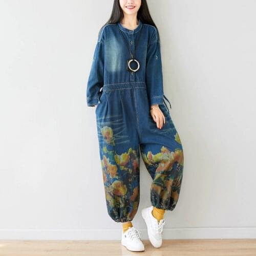 Baggy Wide Leg Jean Jumpsuit Women Big Size O-Neck Long Sleeve Cowboy Drop Crotch Overall Loose Europe Streetwear Denim Rompers
