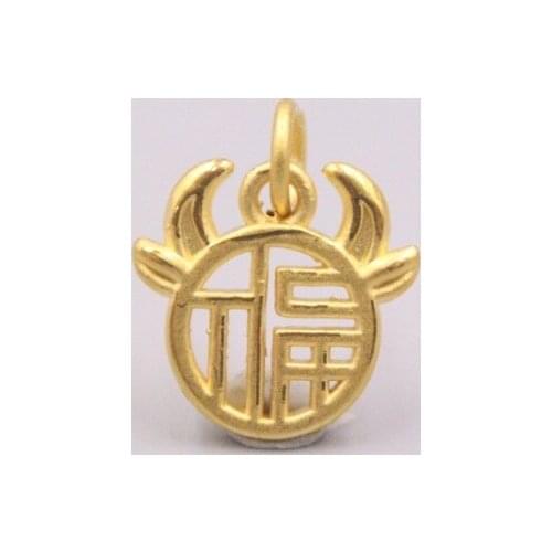 Fine Pure 999 24K Yellow Gold 3D Bull Head Fu Round Pendant Men Women Lucky Gift 1-1.2g / 16*13mm