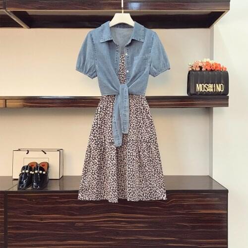 2021 Summer 2PCS Clothes Set For Women Floral Sling Dress+Short Denim Tops Jacket Suits Female Casual Plus Size Clothing Suit