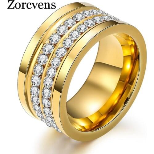ZORCVENS Fashion Jewelry Ring Wholesale Elegant Stainless Steel Pave 2 Row Clear Crystal Ring For Women Party Accessories