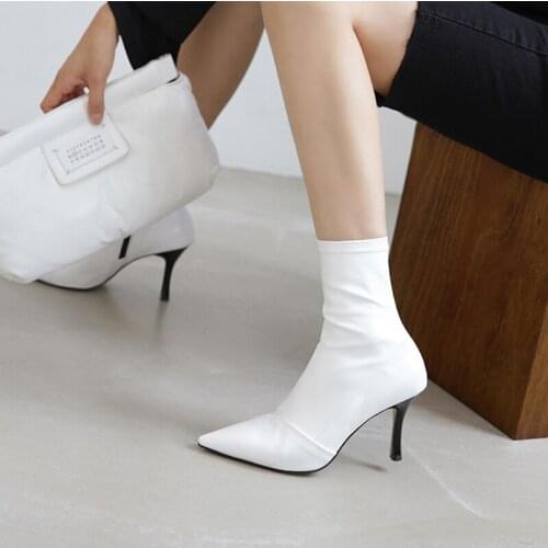 3 Color Pointed Toe Fashion Boots Stiletto High Heel 6CM/8CM Leather Zipper Women Boots Size 33-42 White Blue Black