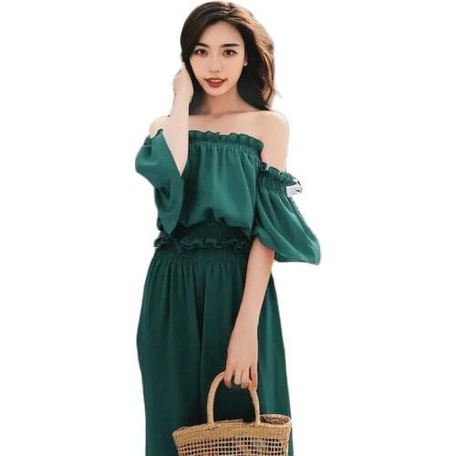 Fashion One-Shoulder Jumpsuit Off-Shoulder Two Piece Set Women Lantern Sleeve Jumpsuit Wide-leg Trousers 2021 Summer New Style