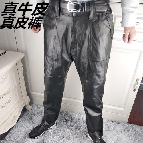 2021 Mens Autumn and Winter Loose Motorcycle First Layer Cowhide Pants Stitching Warm High Waist Leather Trousers